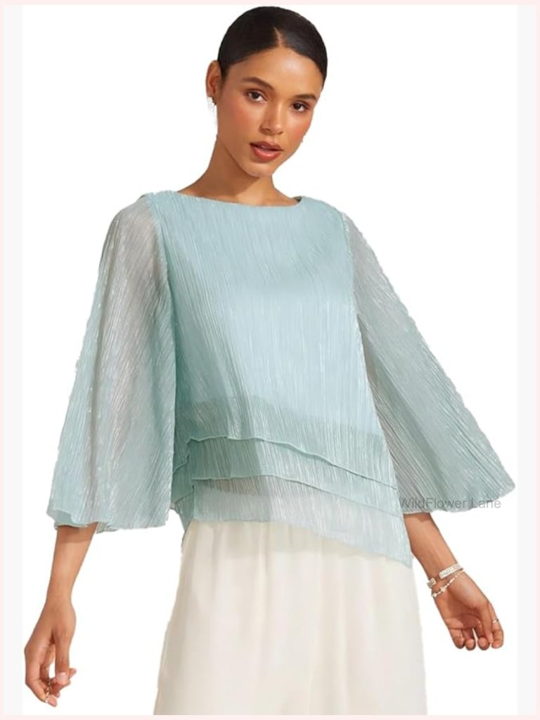 3/4 Sleeve Sparkle Blouse Ruffle Shiny Pleated Layered Flowy Chiffon Shirt